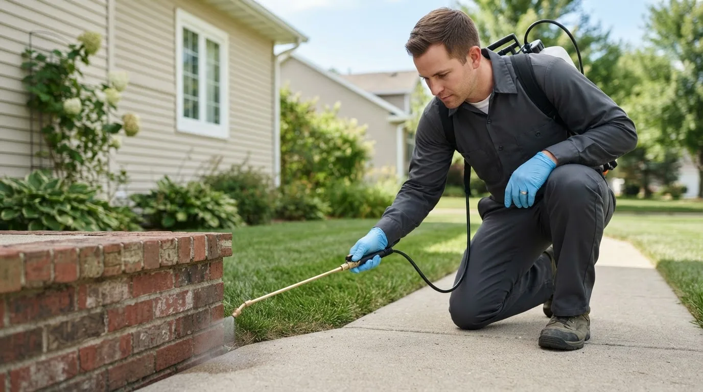 Pest control technician treating a home near Linden, TX